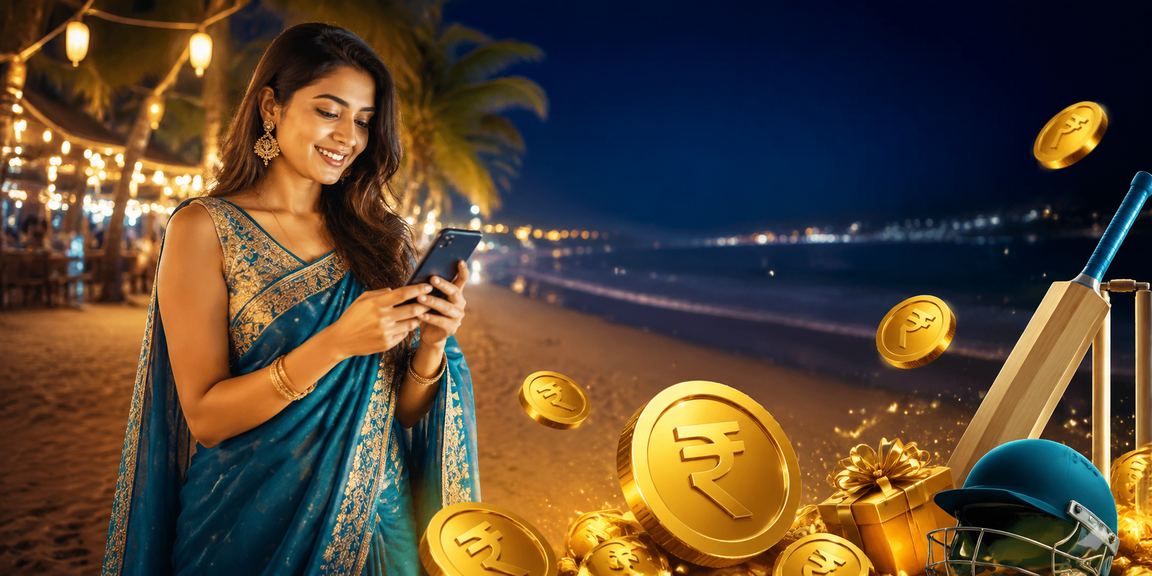 Indian woman in saree enjoying cricket betting on mobile