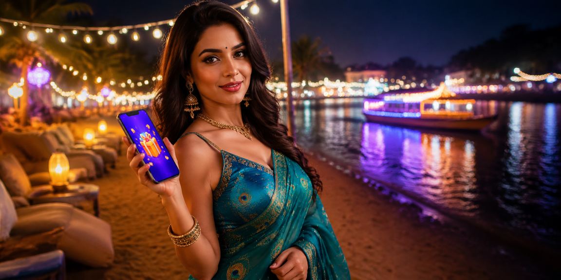Indian woman using mobile payment for betting in traditional saree